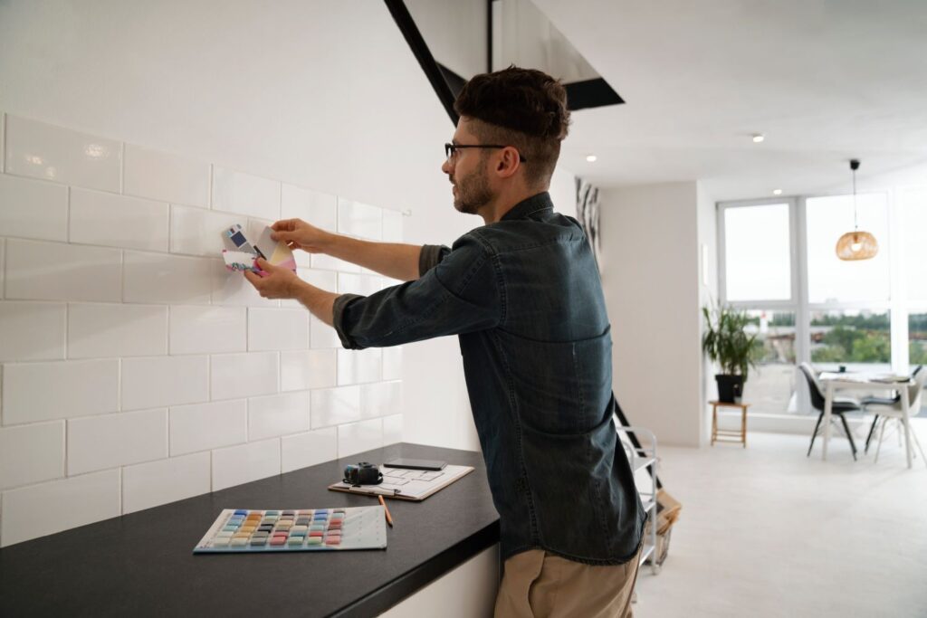 Sanierung der Mietwohnung: 2023 Kosten. Ein Mann prüft die Farben der Küchenfliesen.