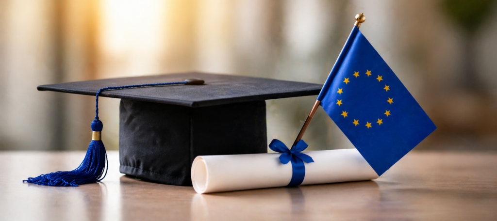 Graduation cap with blue tassel, a rolled diploma tied with a blue ribbon, and a European Union flag beside it.