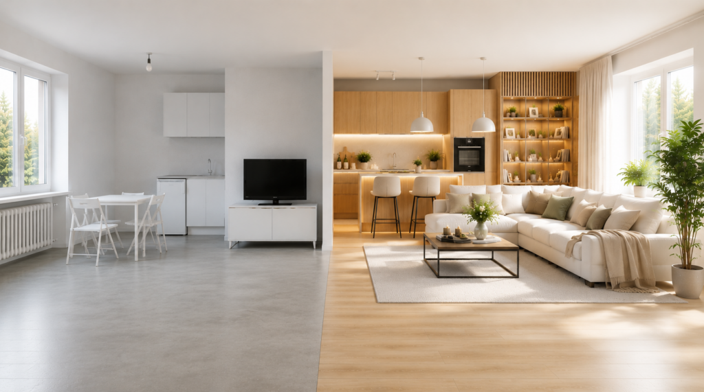 Open-plan living space with a white dining table on the left, TV center, and wood-accented kitchen with bar stools on the right.
