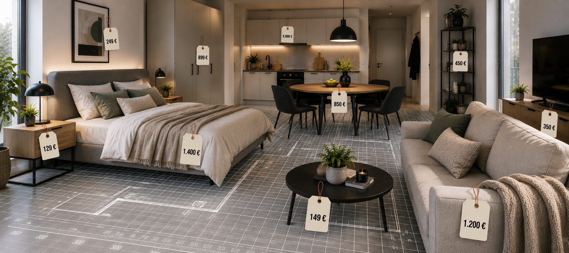 Zeitwohnen_August_Image - Wunderflats Blog DE Open-plan showroom showing a bedroom and living area with price tags hanging from bed, sofa, tables, and kitchen cabinets indoors.