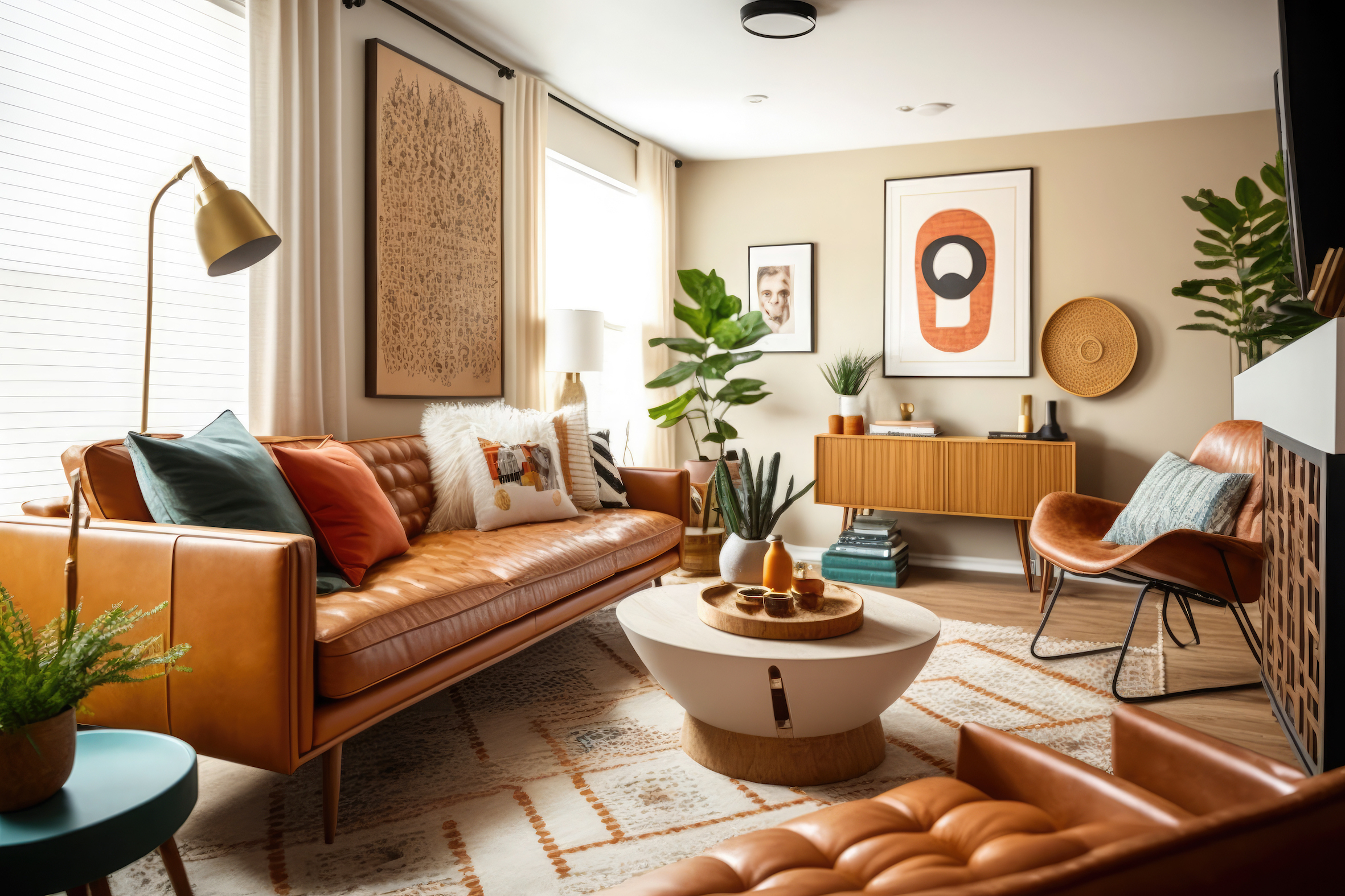 living room Mid Century style with warm colors