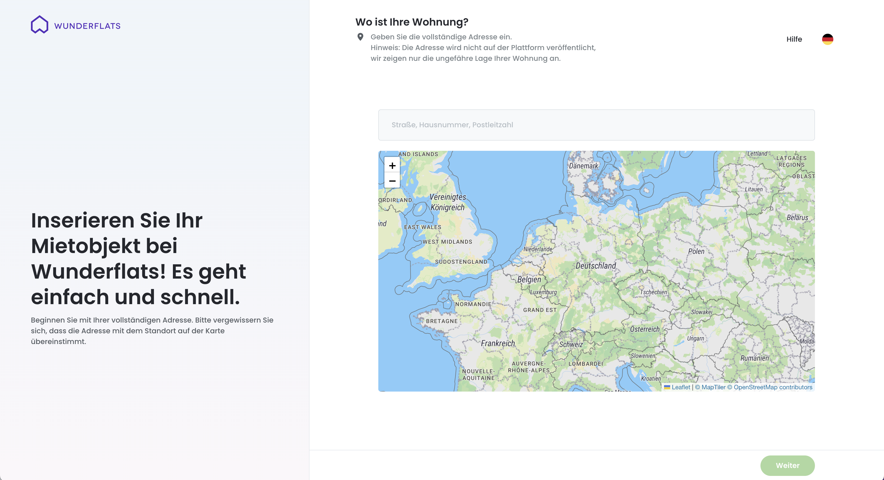 Wunderflats Inseratserstellung: Adresse der Wohnung eingeben