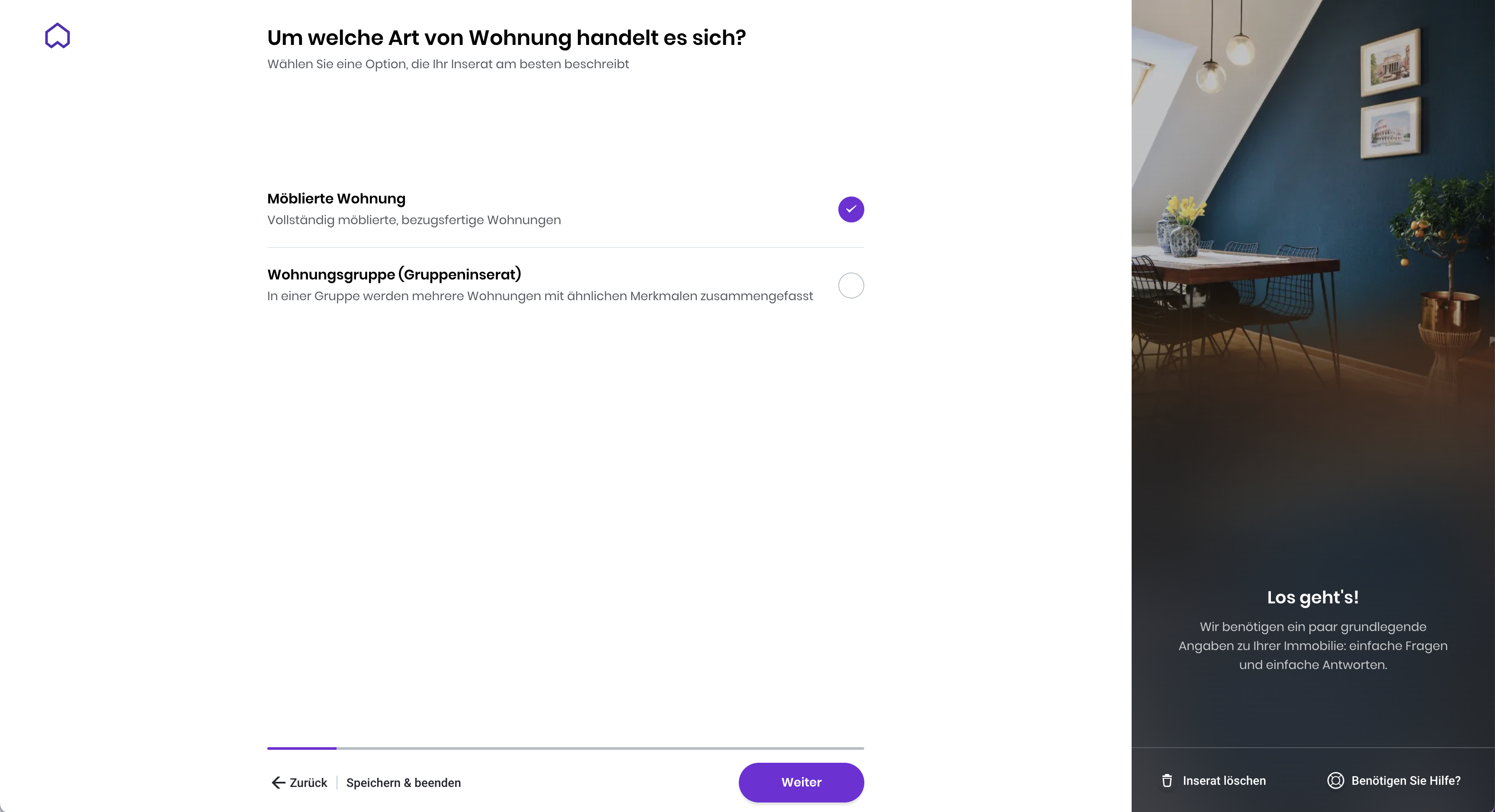 Wunderflats Inseratserstellung: Art der Wohnung auswählen