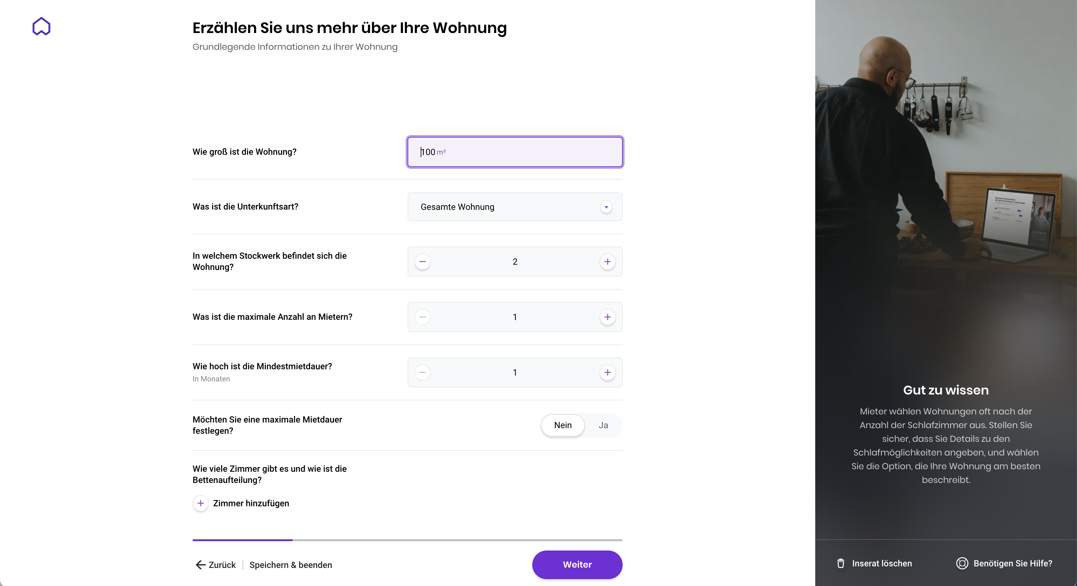 Wunderflats Inseratserstellung: Allgemeine Angaben zur Wohnung
