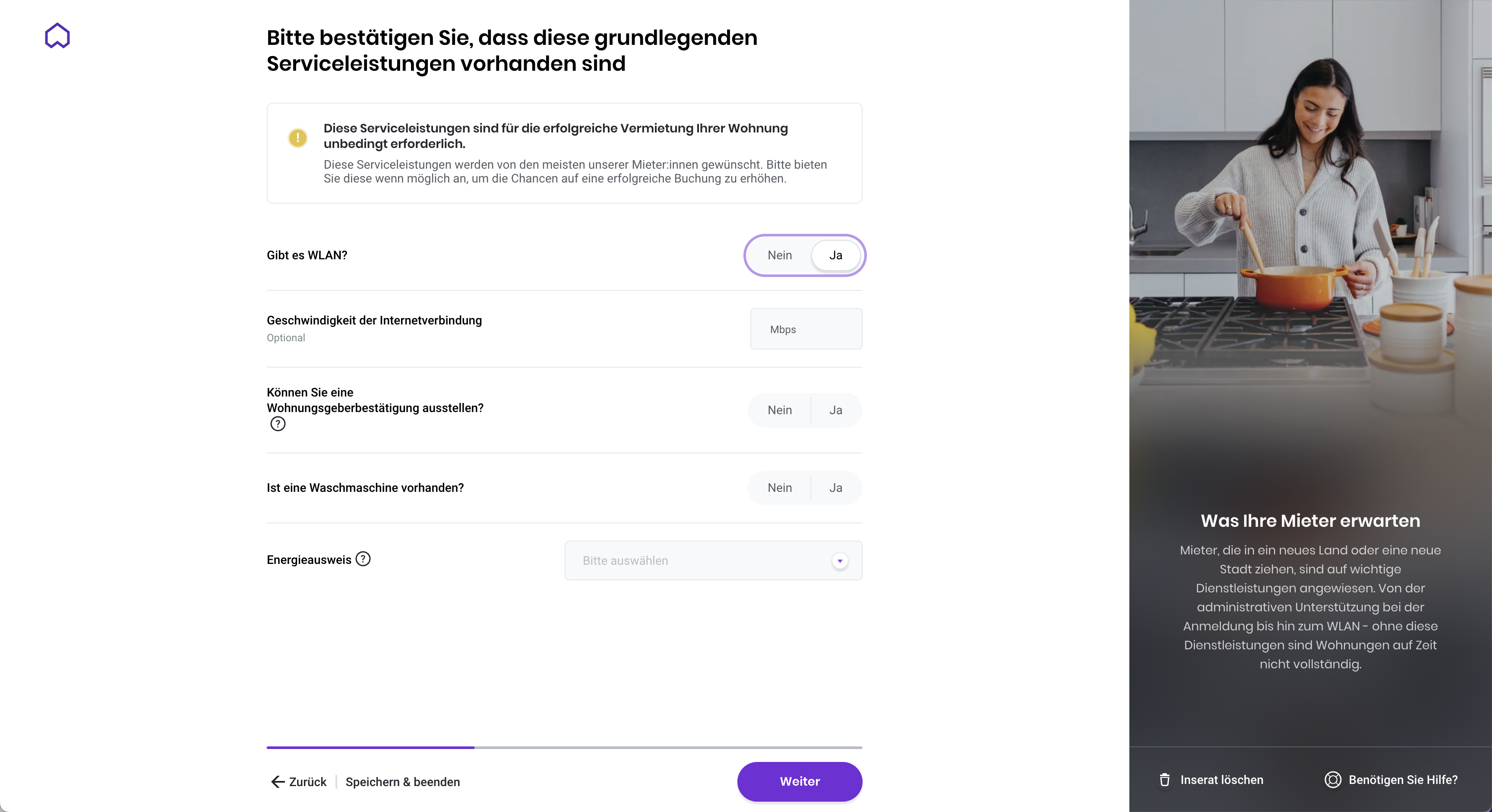 Wunderflats Inseratserstellung: Grundlegende Serviceleistungen bestätigen