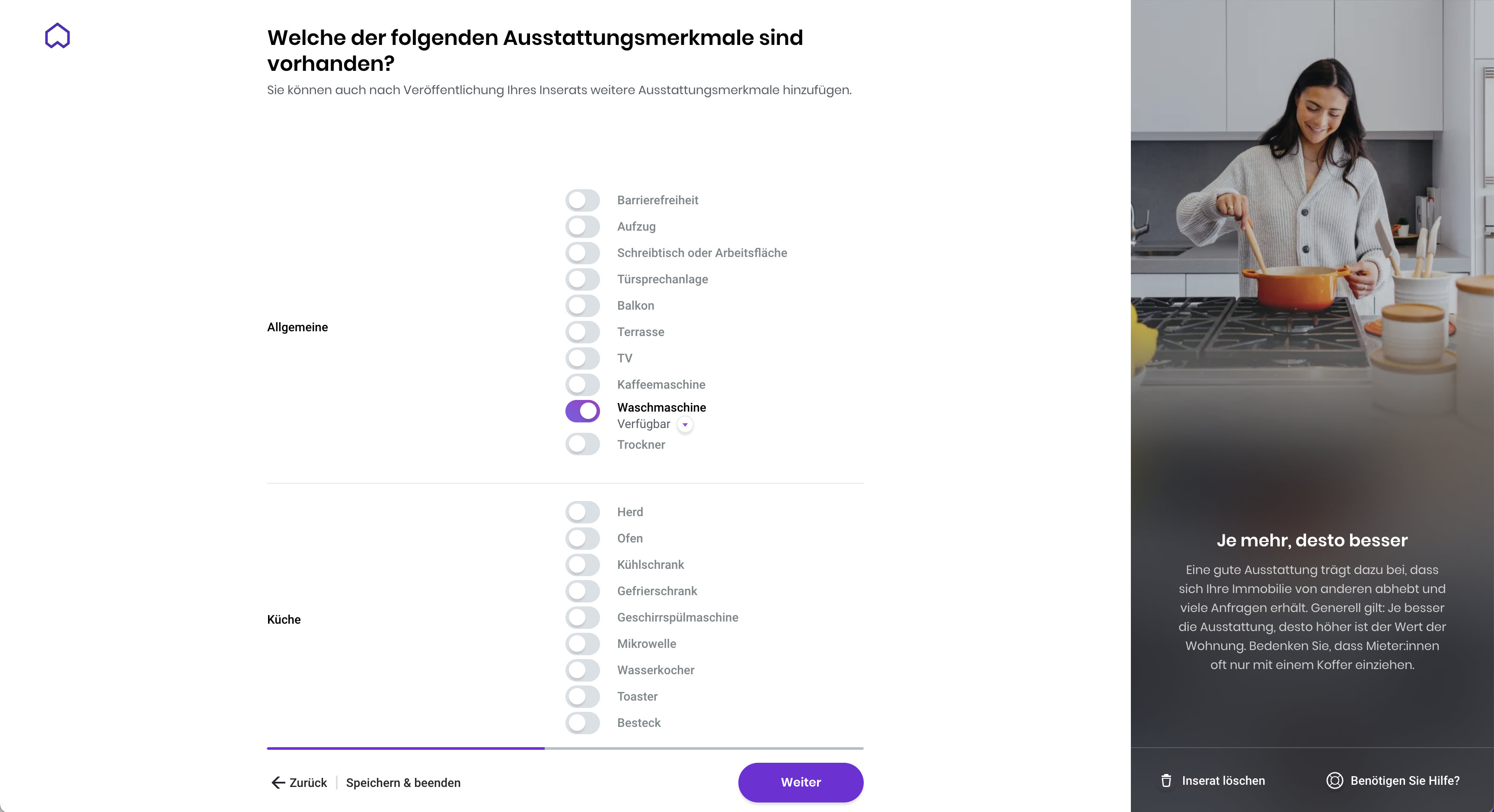 Wunderflats Inseratserstellung: Ausstattungsmerkmale auswählen