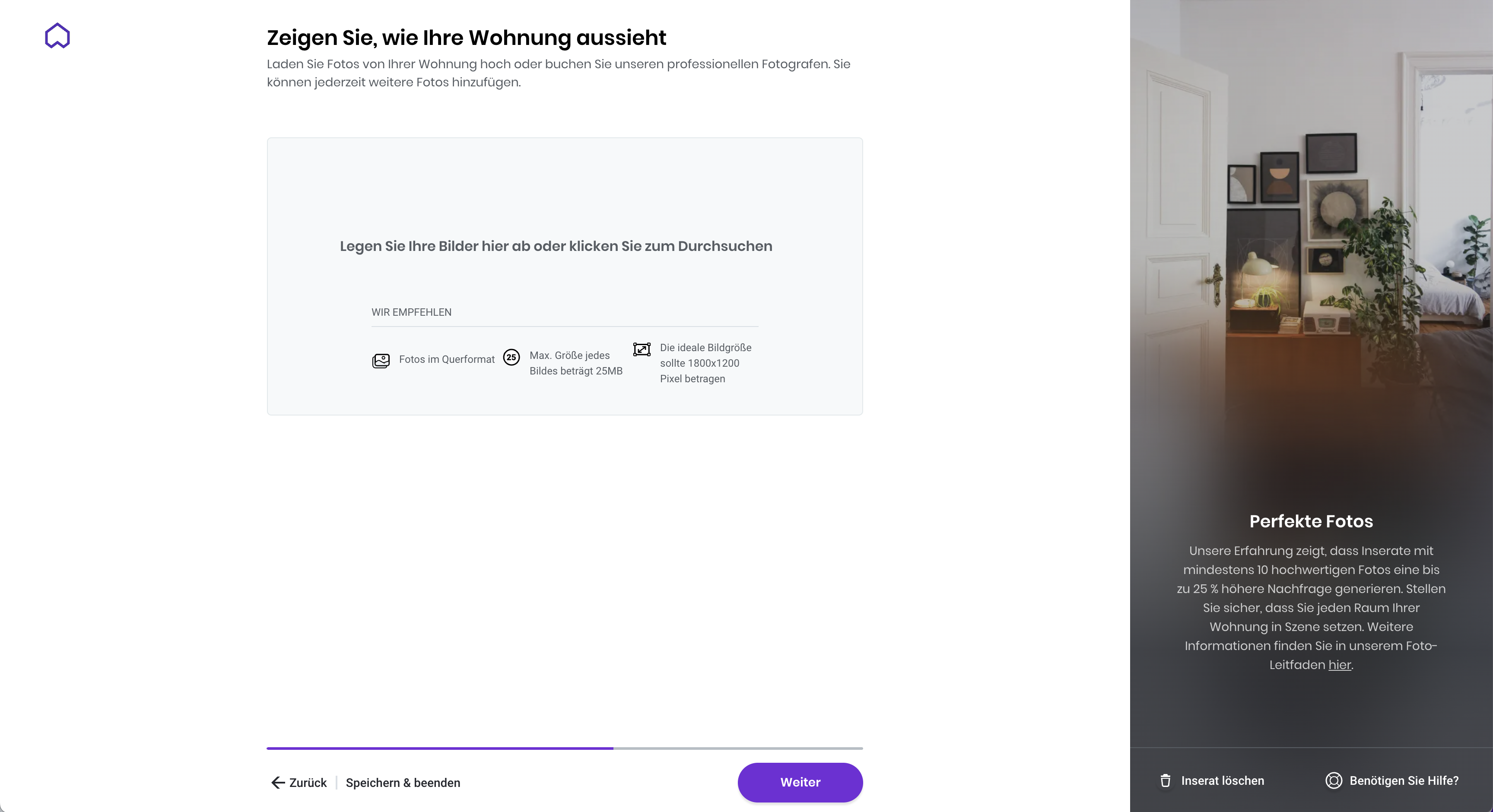 Wunderflats Inseratserstellung: Fotos hochladen