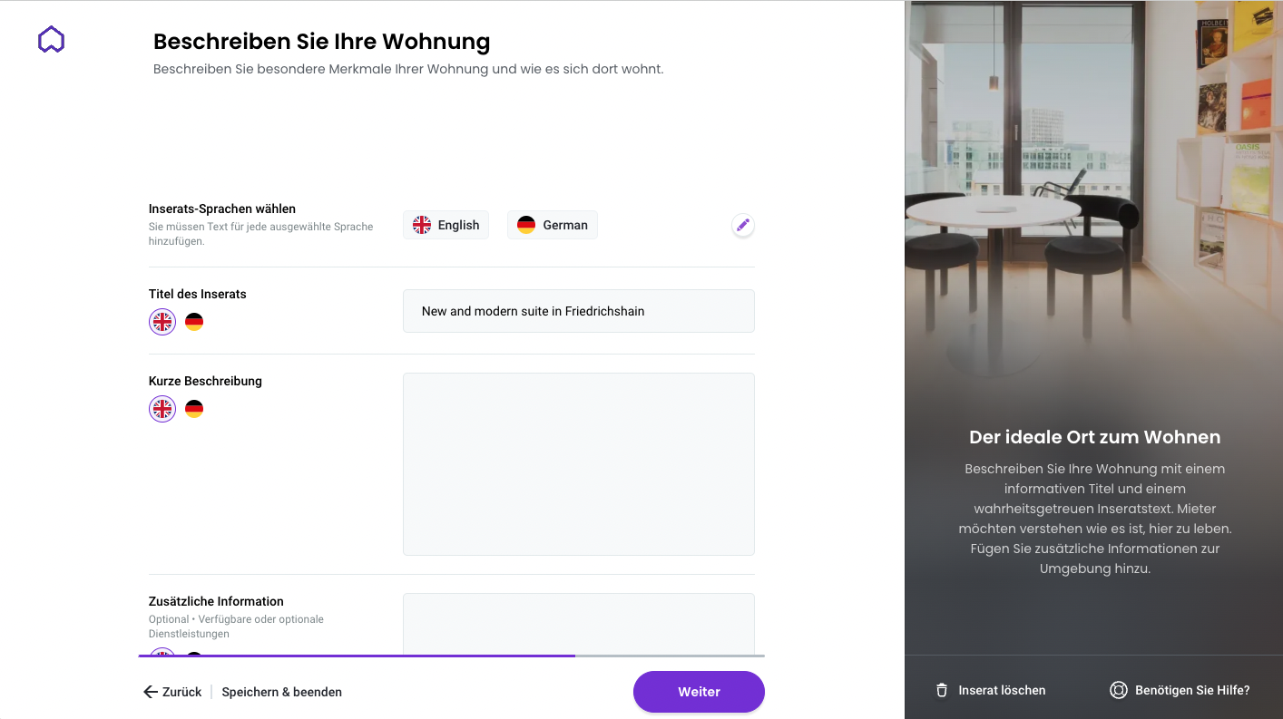 Wunderflats Inseratserstellung: Wohnungsbeschreibung und Inseratstitel eingeben