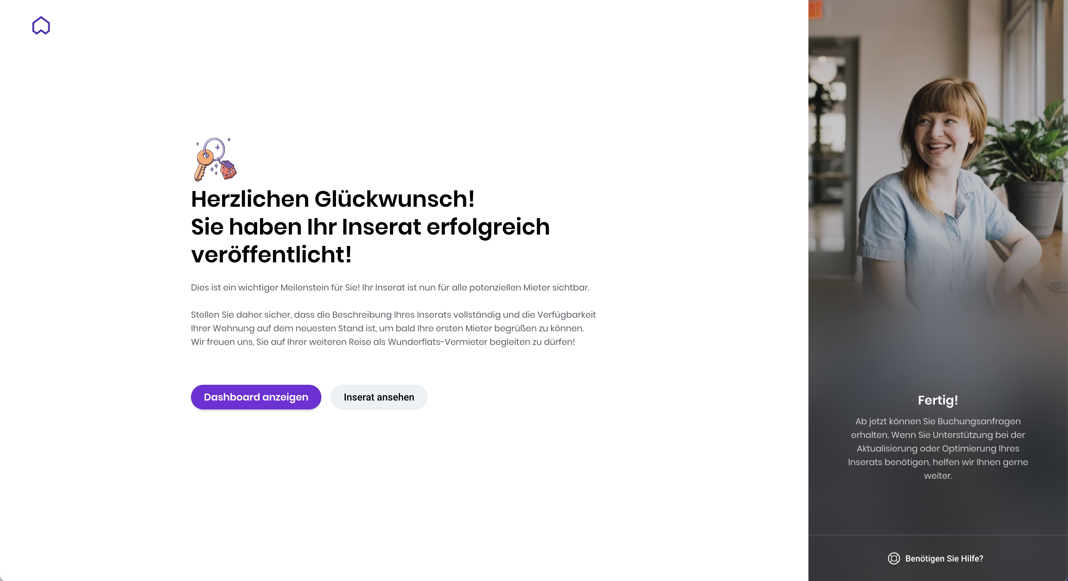 Wunderflats: Bestätigung nach erfolgreicher Veröffentlichung des Inserats