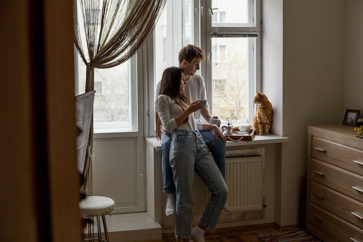 Young couple in a living room looking at a cat in the window. Comparing apartment rental platforms.