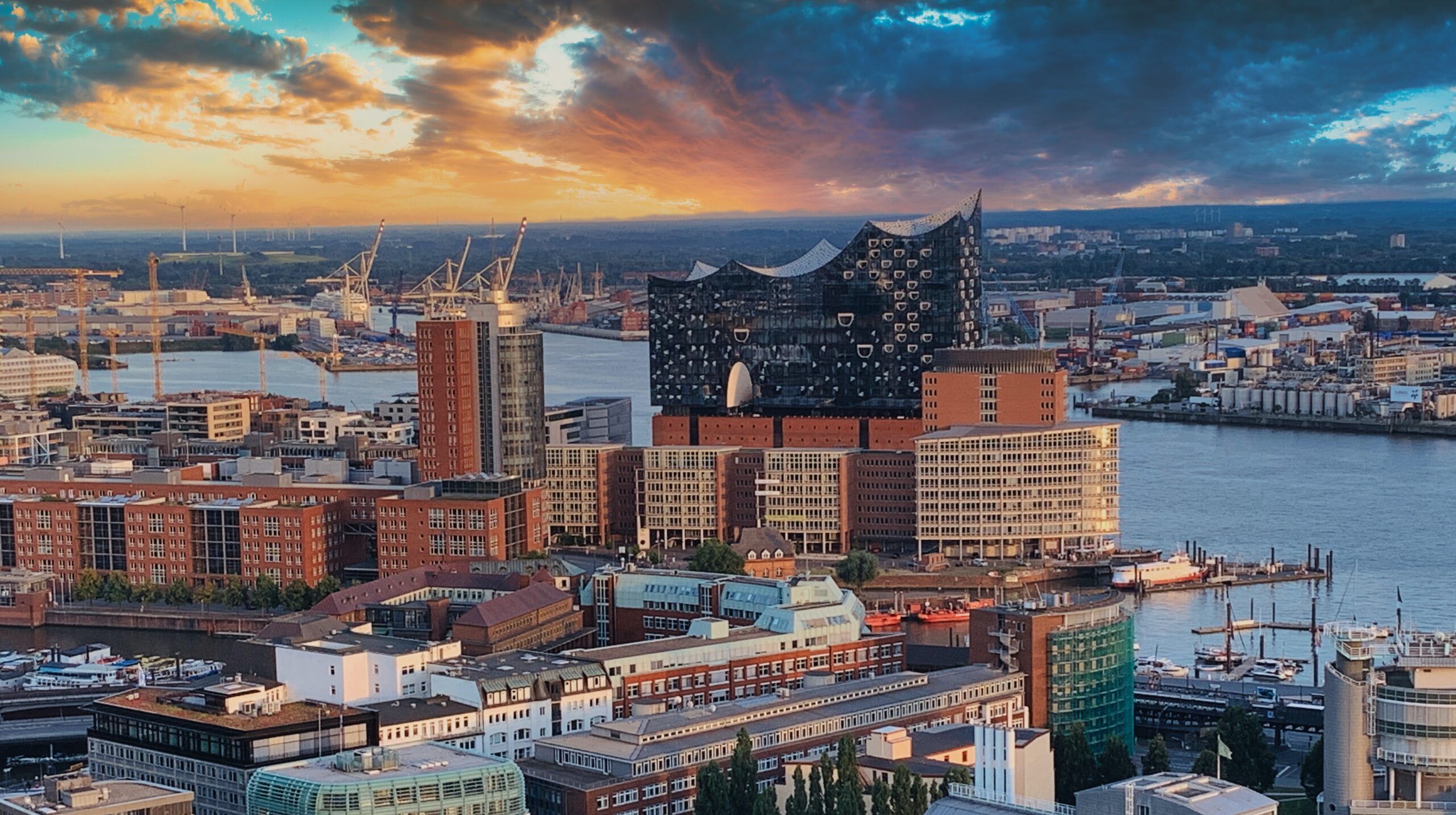 The City Guide to Hamburg: An aerial shot of the city at sundown